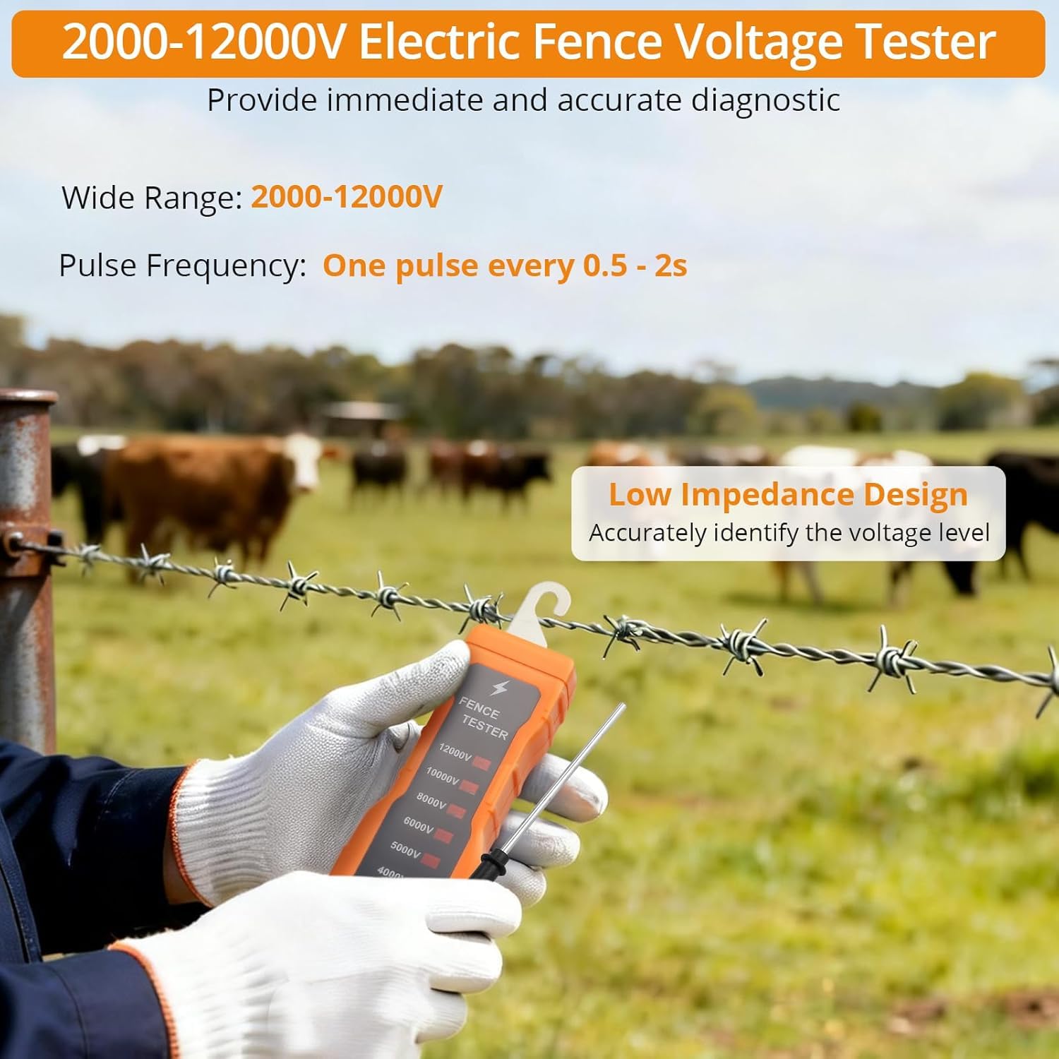 Neoteck Probador de Voltaje de Cerca Eléctrica 12KV 2000-12000V Medidor de Voltaje de Cerca de Neón con 8 Luces Indicadoras para Diagnosticar Fallos en Cercas de Ranchos y Granjas