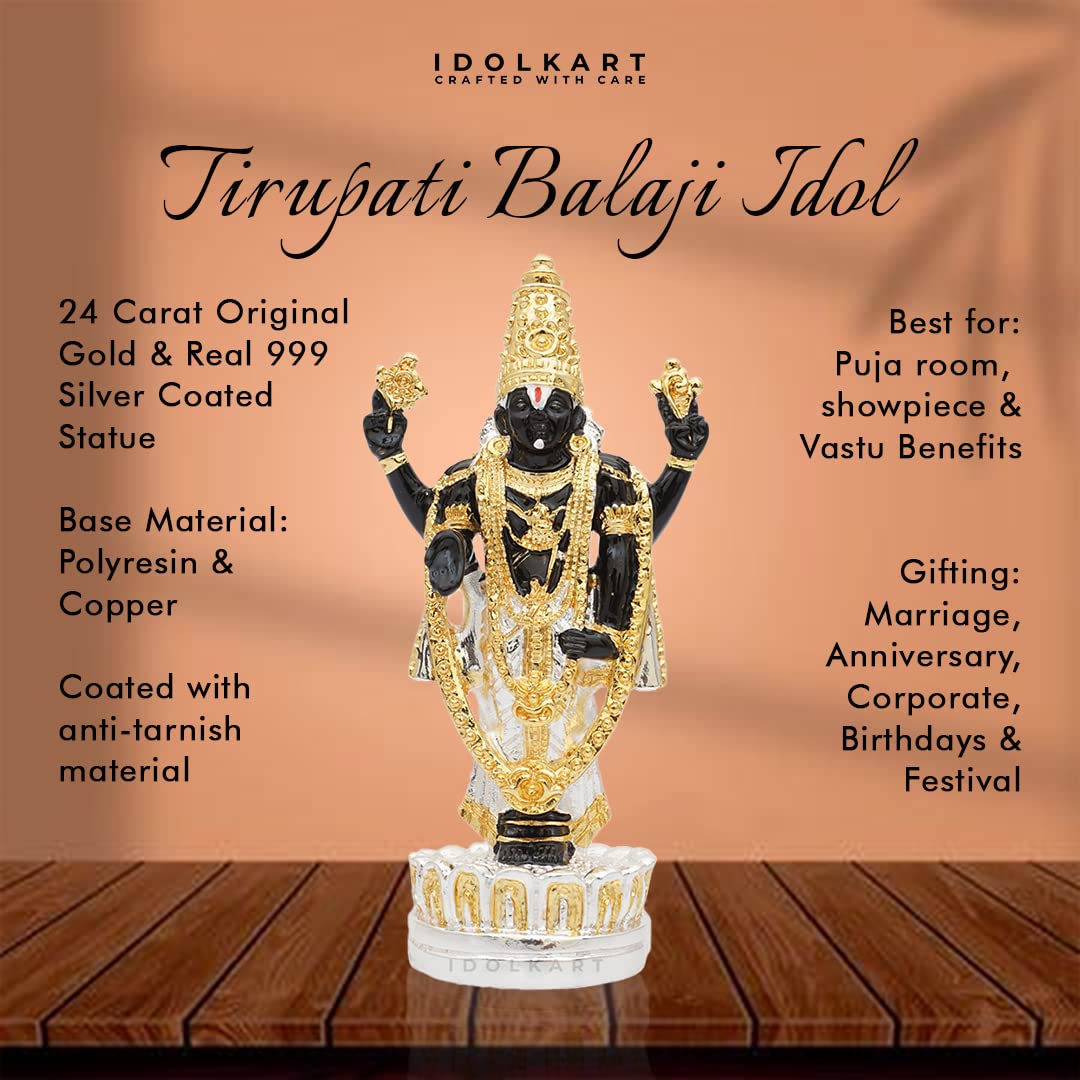 Idolkart 24 Carat Gold and 999 Pure Silver Coated Tirupati Balaji Idol for Car Dashboard, Venkateswara Swamy Idol, Vaastu Advised Balaji Idol - Tirupati Balaji Murti Idols for Pooja Room - 13cm 3