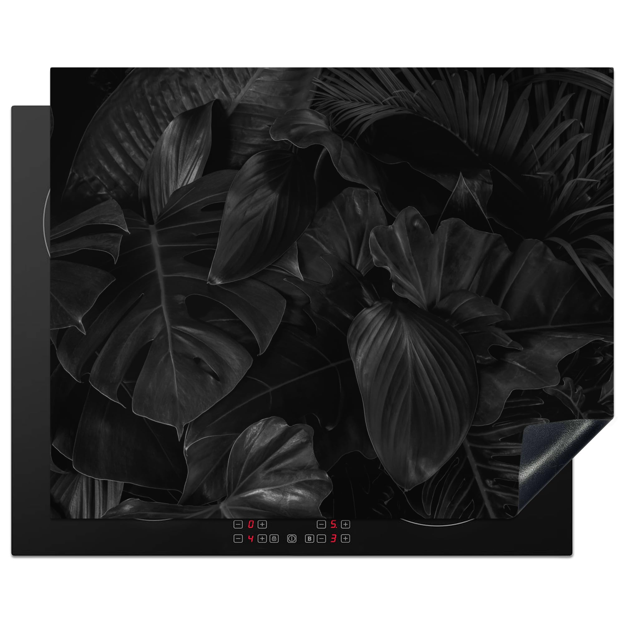 KitchenYeah© Induction Hob Cover Protector Mat 20.5"x25.6" / 65x52 cm Kitchen Universal Ceramic Covers for Electric Cookers Vinyl Leaves - Black - Plants - Dark