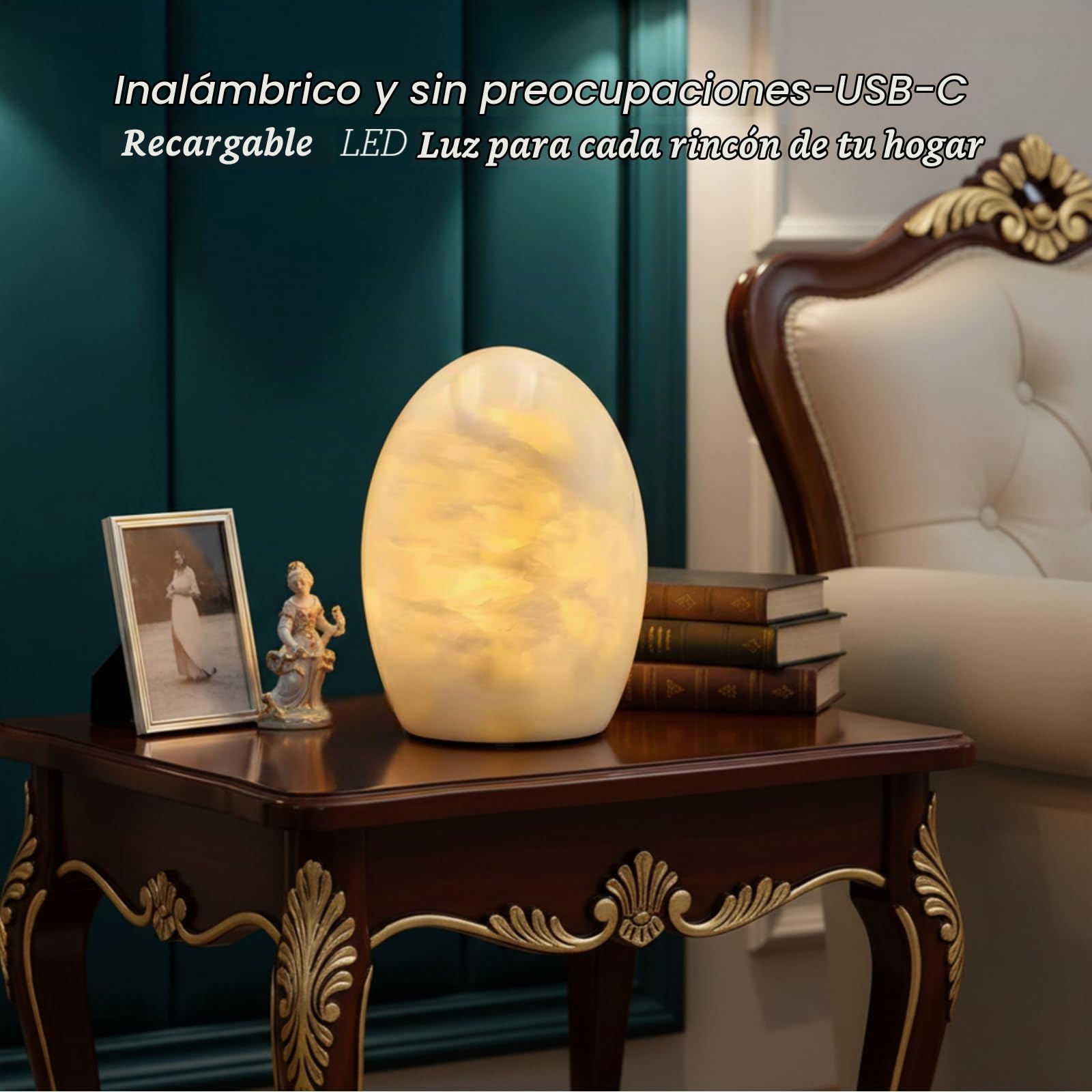 Marmor Lámpara de Noche Mármol Ovalada Regulable, Luz de Mesa LED 3 Modos, Lámpara Piedra Recargable, Iluminación Ambiental