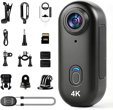 4K Action Camera - 64G Wearable Body Camera Portable POV Cam Hands-Free Suitable for Motorcycle Vlogging Cycling Swimming Hiking Adventure Travel Bike PetBlack