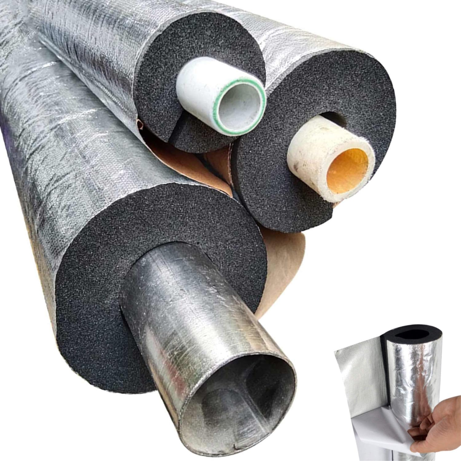 Envolturas de Espuma de Aislamiento de Tuberías con Lámina de Aluminio para Tubos de Cobre, Funda de Aislamiento Precortada Resistente a la Intemperie para Protección de (ID)219mm x (T)10mm x (L)0.9m