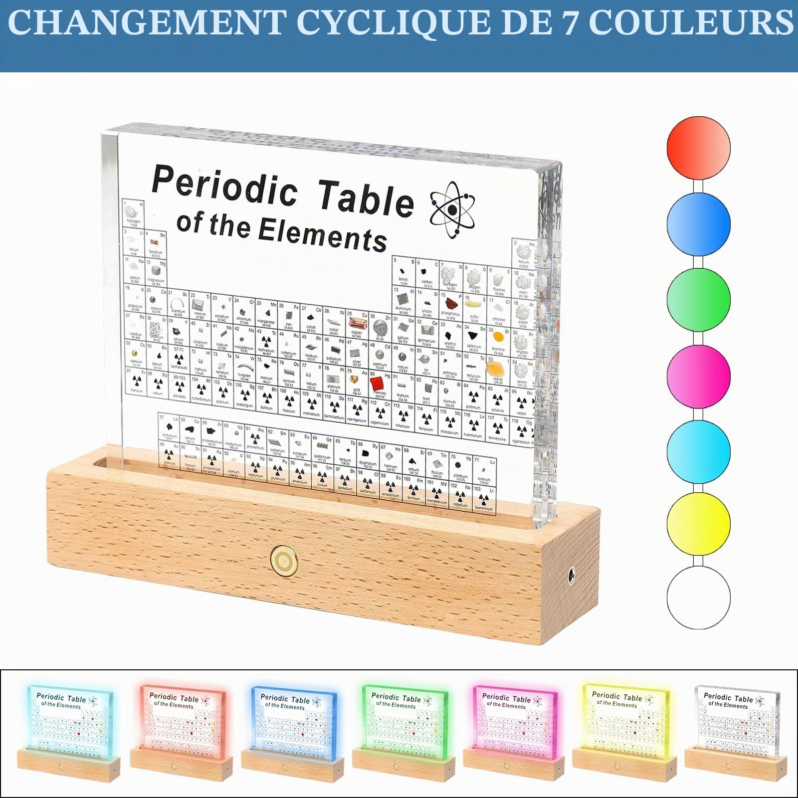 SOEPOTIX Tableau périodique des éléments Chimiques, Tableau Periodique des Elements Acrylique de Lampe Table LED avec Élément Vrai pour Outil Enseignement Cadeau de Chimie pour étudiants, enseignants