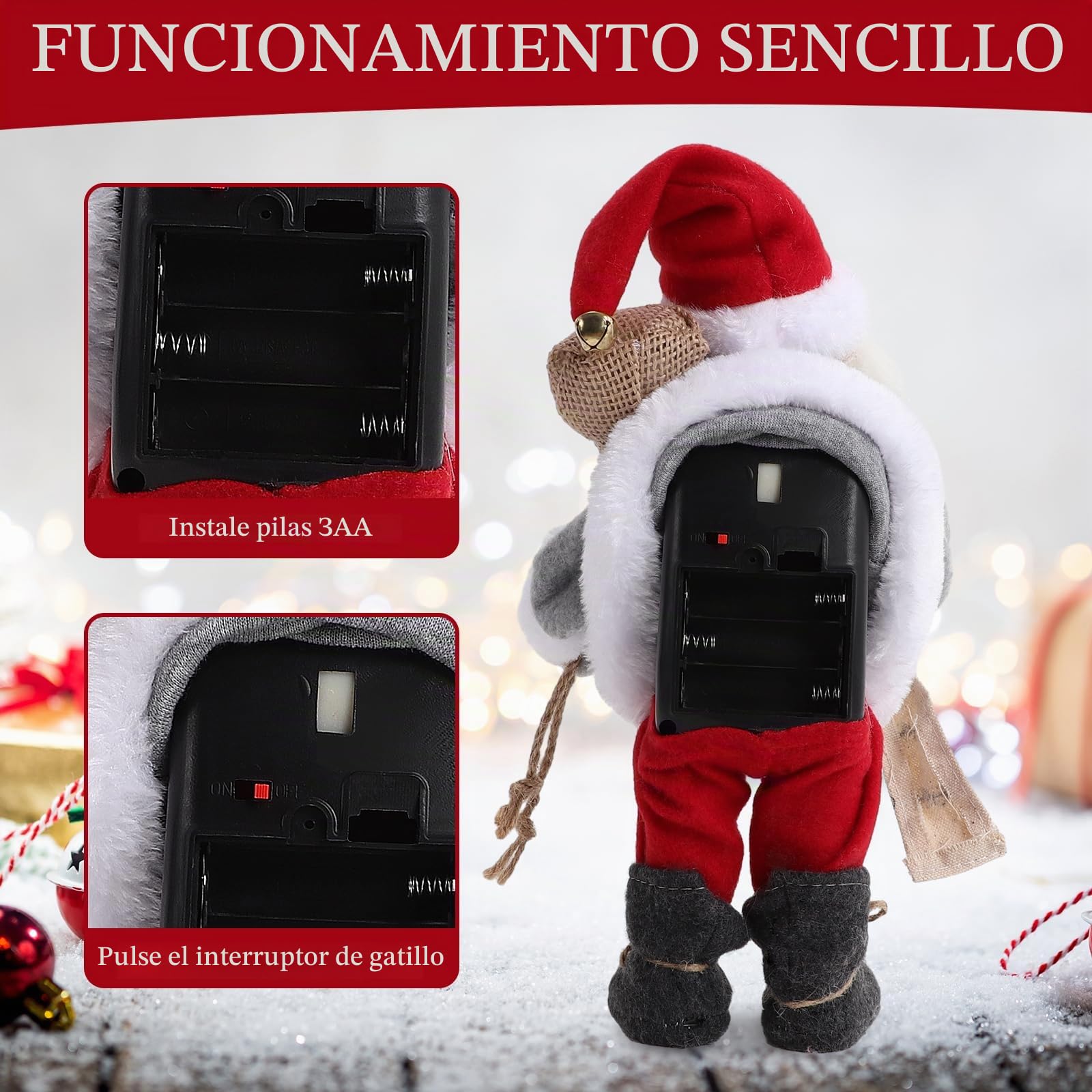 Gfilay Papá Noel Animado con música y Brazos móviles | Figura musical de Papá Noel con libro y saco de regalos, decoración navideña de interior para el hogar