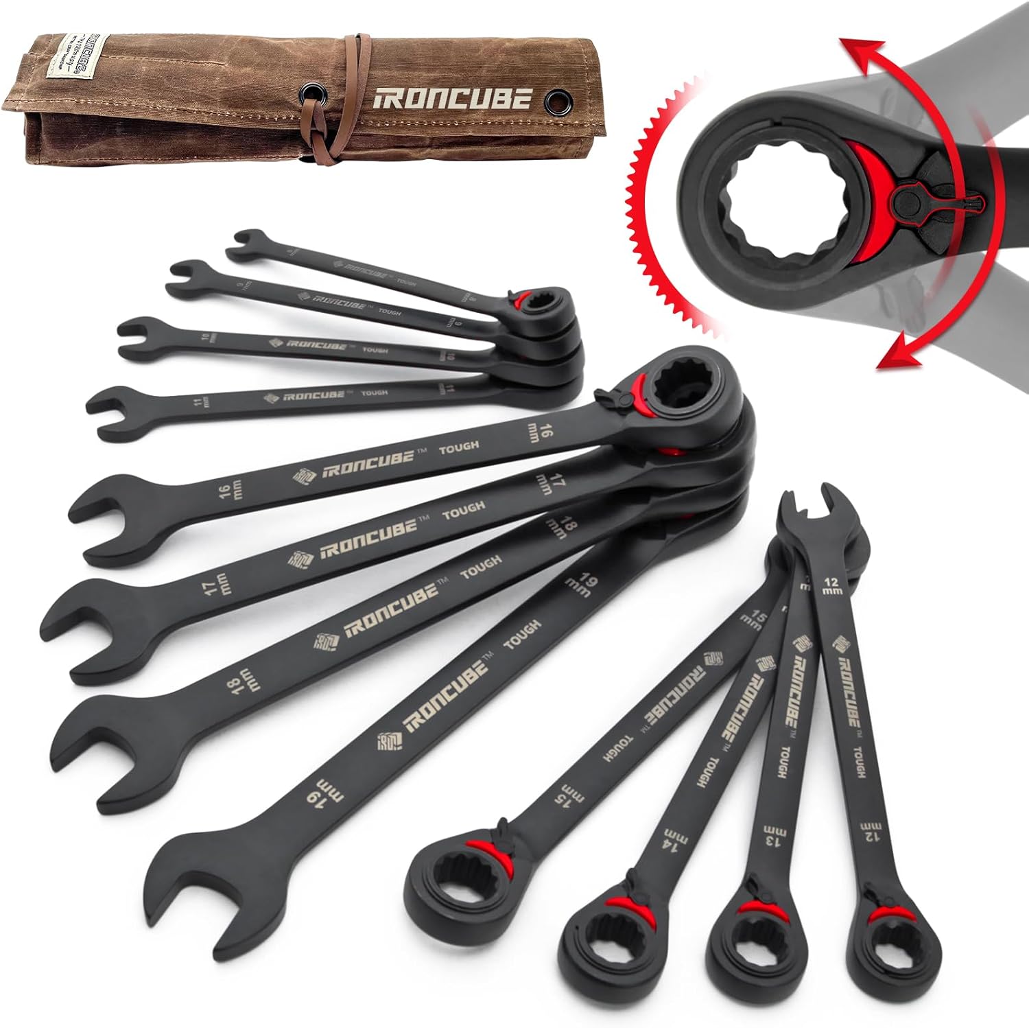 Reversible Ratcheting Wrench Set: 12-Piece Metric 8-19mm - Tough Black - Wax Canvas Storage Bag - Automotive and Motorcycle Repair Tools