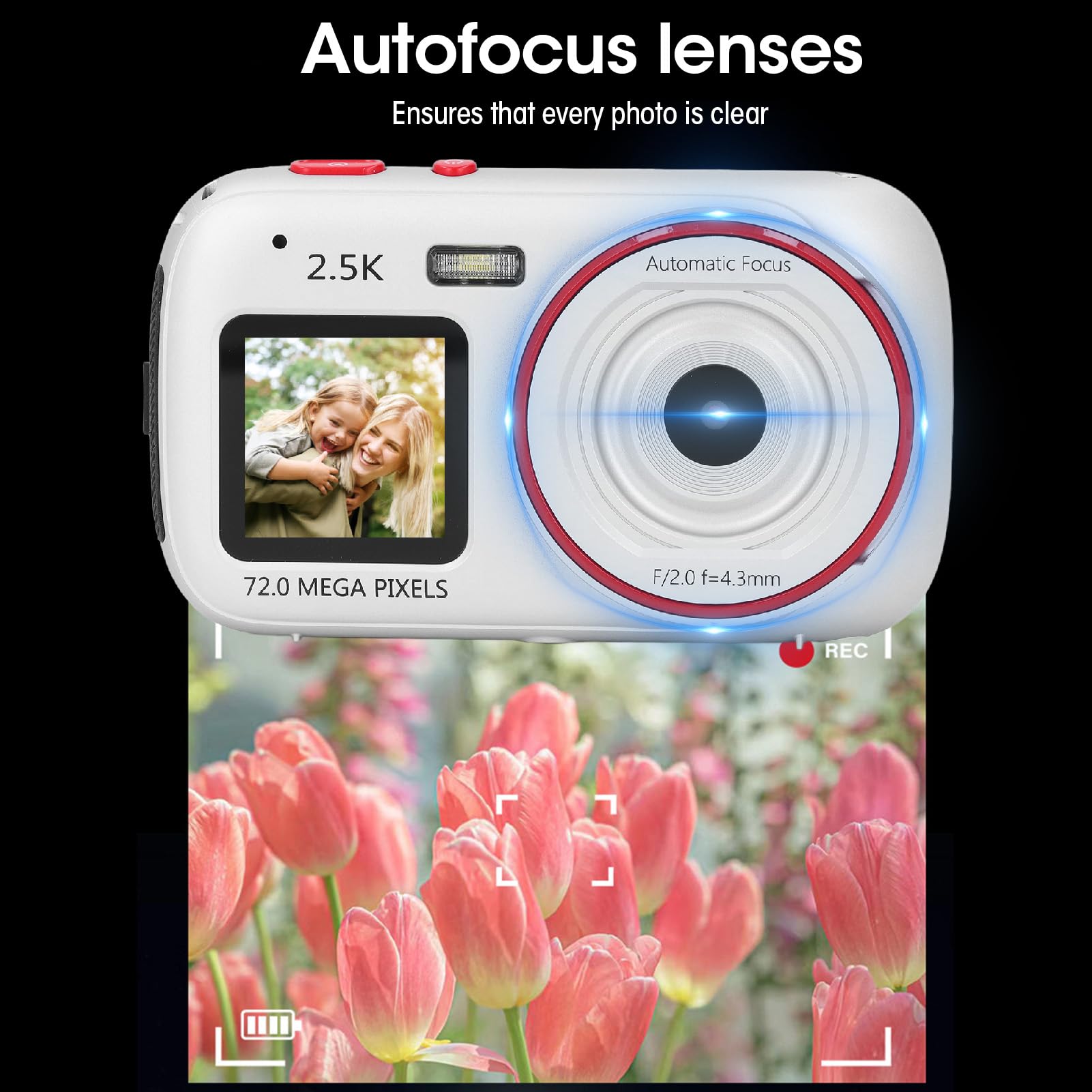 Fotocamera Digitale 2,5K per Fotografia, Fotocamera Selfie da Viaggio con Messa a Fuoco Automatica con Doppio Schermo, Fotocamera per Vlogging con Zoom Digitale 16X (SILVER)