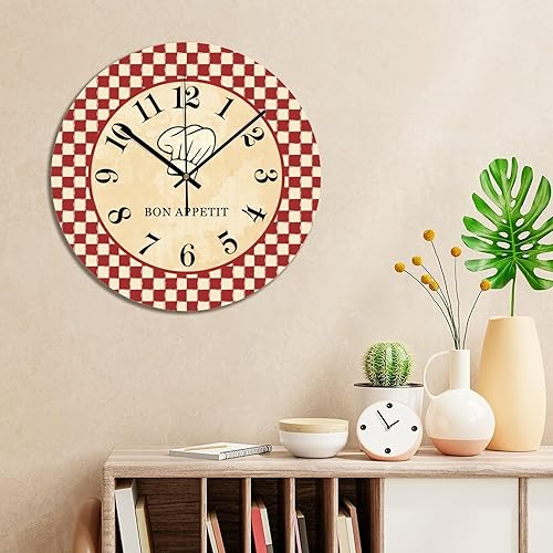 Miniatura 4 de Reloj de pared de cocina francesa de chef de 12 x 12 pulgadas, relojes de pared de PVC de calidad de cuarzo sin tictac, vintage, fácil de leer,