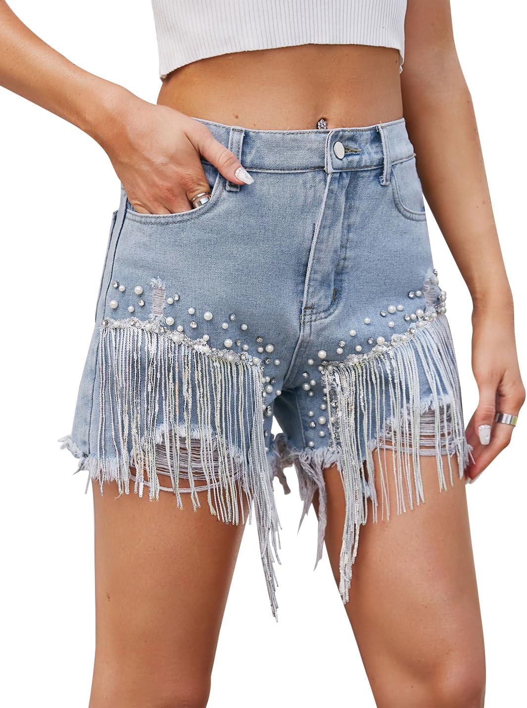 Size 2XL Snoly Women's Shorts Colored Rhinestone Sexy Summer High Waist Fringe Tassel Frayed Ripped Denim Jean Shorts