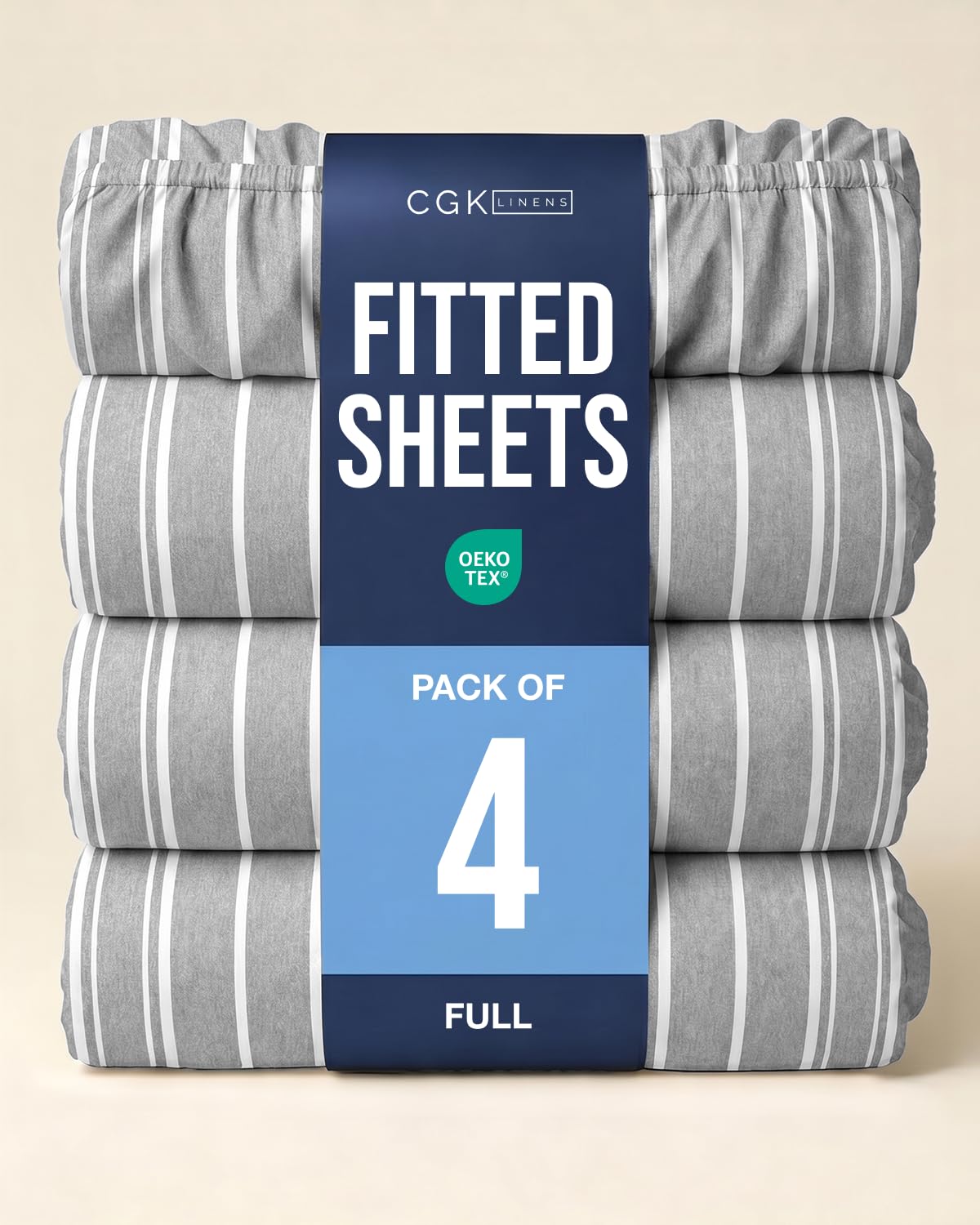 Full Fitted Sheet - Pack of 4 Single Fitted Bottom Sheet - Grey Stripes