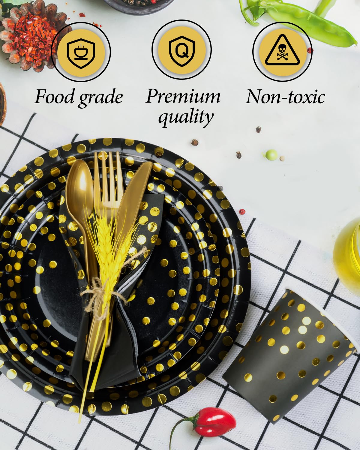 Black & Gold Party Plates - Disposable Dinnerware Sets -4