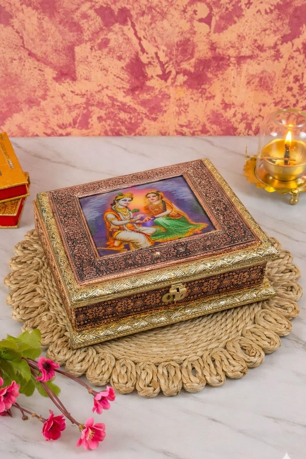 Royal Pink Meenakari Peacock Dry Fruit Box | 4-Compartment Handcrafted Wooden Mukhwas Tray for Home, Office & Luxury Gifting (Gold)-image-18