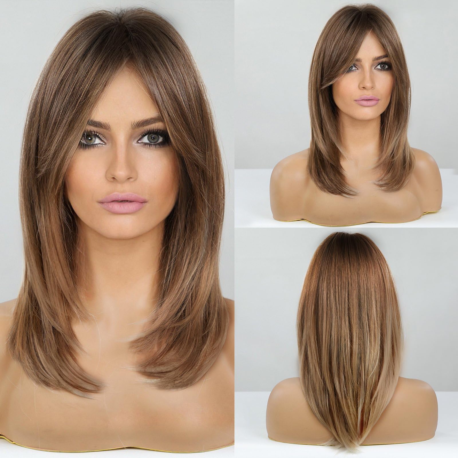 Long Layered Wigs for Women Synthetic Hair Wig with Bangs Ombre Brown to Blonde with Dark Roots