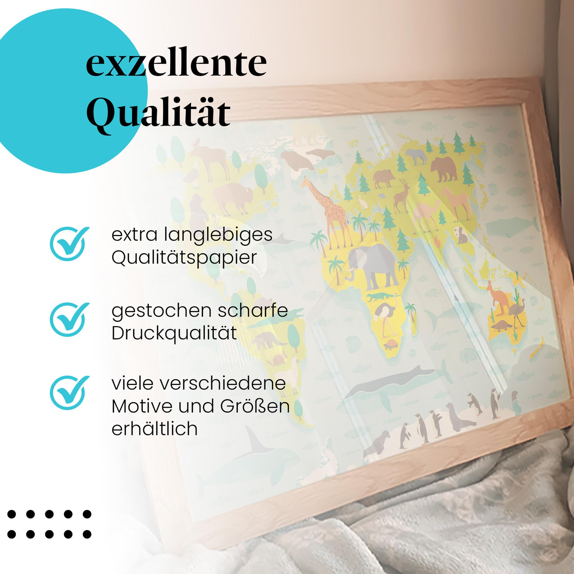 Postereck - 0860 - Weltkarte, Kinder Tiere Kontinente Lernen Schule - Kinder Kinderzimmer Kinderbild Wandposter Fotoposter Bilder Wandbild Wandbilder - Leinwand - 100,0 cm x 75,0 cm