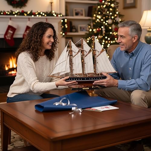 Miniatura 6 de Decoración de velero atlántico de 19 pulgadas, modelo de goleta de madera, réplica de yate, colección náutica de decoración para el hogar