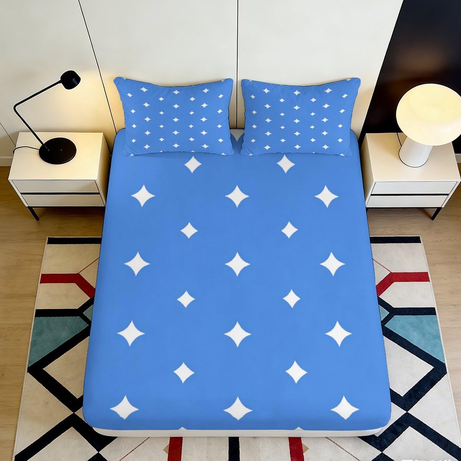 3D Printed blue geometric Fitted Sheet, Microfiber soft touch, wrinkle resistant, home decor, anti-slip, apartment bedding, easy care, bedroom, guest use 200x200x25cm