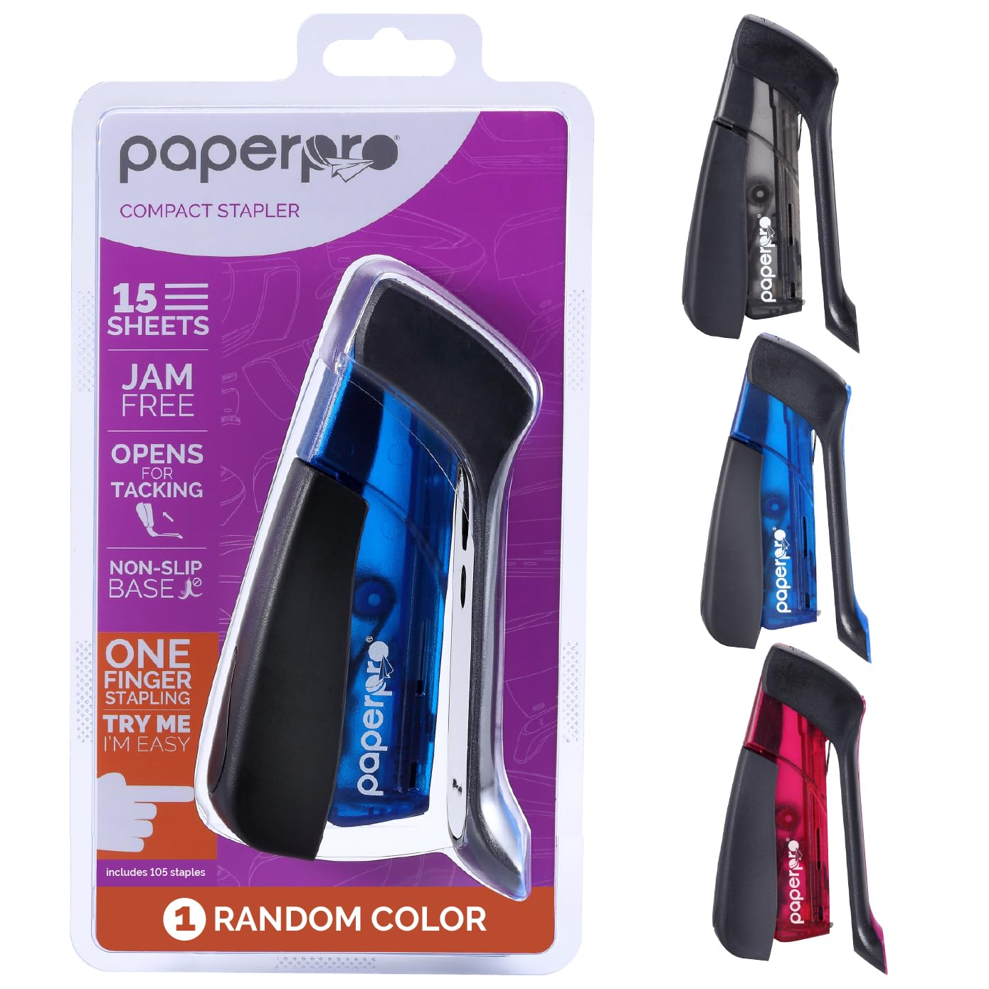 Paper Pro Compact Classic No Effort, One Finger, 80% Easier Staplers - Great for Carpal Tunnel and Arthritis, Assorted (3054)