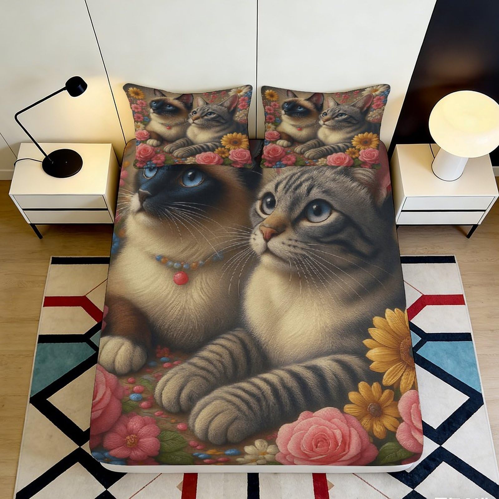 3D Printed Cat Floral Fitted Sheet Microfiber Soft Durable Decorative 3D Printed Kitten Bed Cover for Bedroom Guest Room Dorm Mattress Protection 160x200x25cm