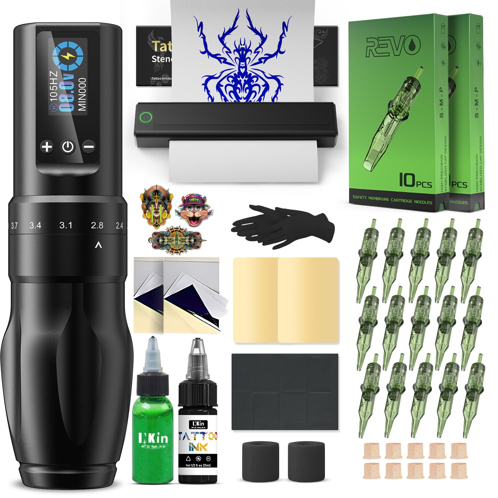 Kit Tatuaje,Maquina Tatuar Inalambrica con 7 Strokes 2.0-4.0mm y Batería de Alimentación de 1600mAh, Maquina de Tatuar Kit Completo con Impresora Bluetooth,Tinta Tatuaje,Agujas Tatuaje para Tatuadores