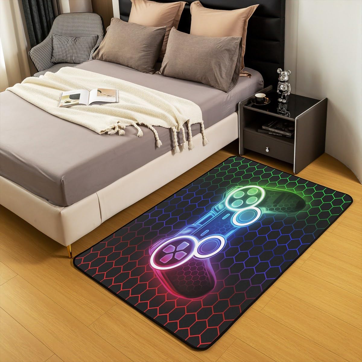 Loussiesd Dywan dla graczy dla dzieci 150 x 200 cm o strukturze plastra miodu dywan do salonu chłopcy dziewczęta gamepad dekoracyjny dywan konsola do gier kontroler nastolatki wewnętrzna mata