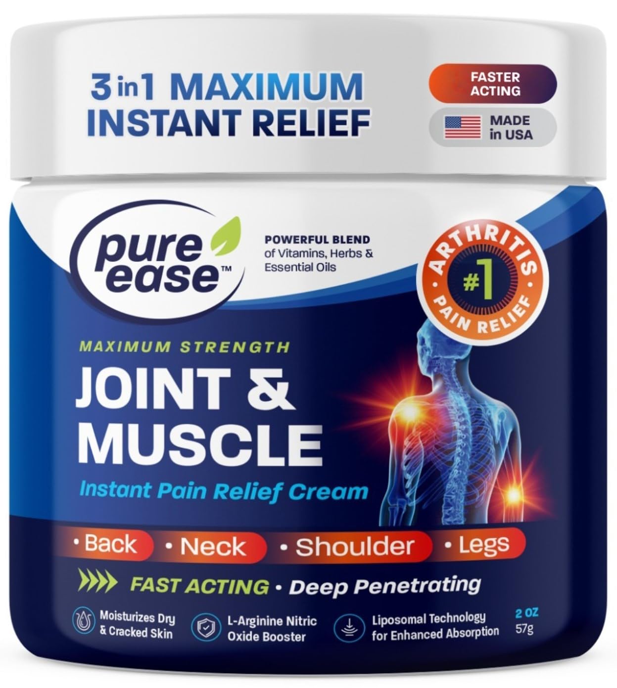 Pure Ease Arthritis Pain Relief Cream for Back 3 in 1 Maximum Instant Relief 2 OZ - Fast-Acting Muscle Pain Cream Extra Strength Joint & Knee - Powerful Formula for Neck Shoulder & Lower Back