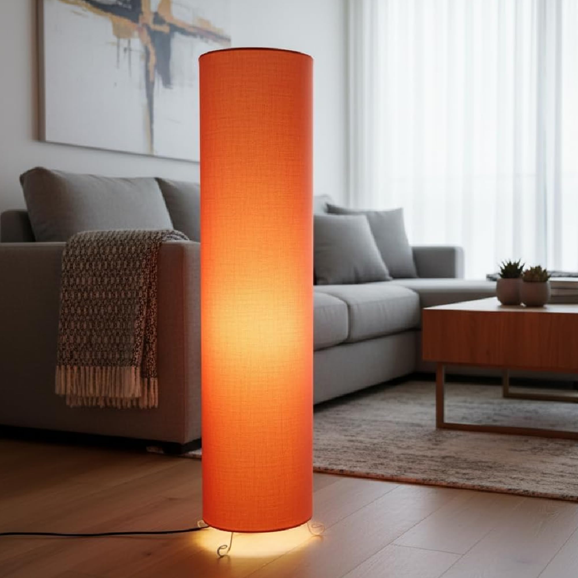 Round Metal Floor Lamp with Fabric Shade, Modern Standing Light with Base, Minimalist Light for Living Room, Bedroom & Office, Warm Ambient Lighting, (Orange)-image-36