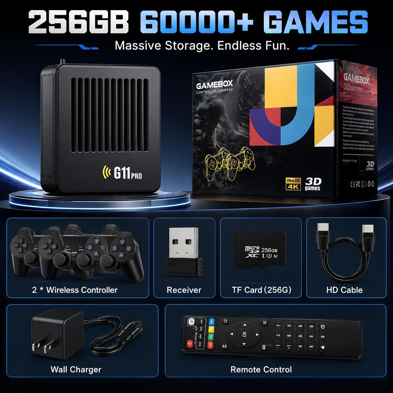 G11 Pro pudełko do gier z 10 0000 gier, konsola do gier wideo Plug and Play, z 2 kontrolerami bezprzewodowymi, 256 GB pamięci masowej