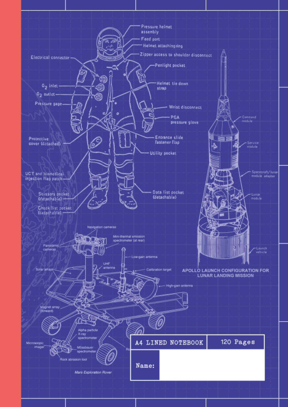 A4 Lined Notebook For Kids: Vintage Space Astronaut Diagrams | Blank Wide Ruled Journal | 120 Pages