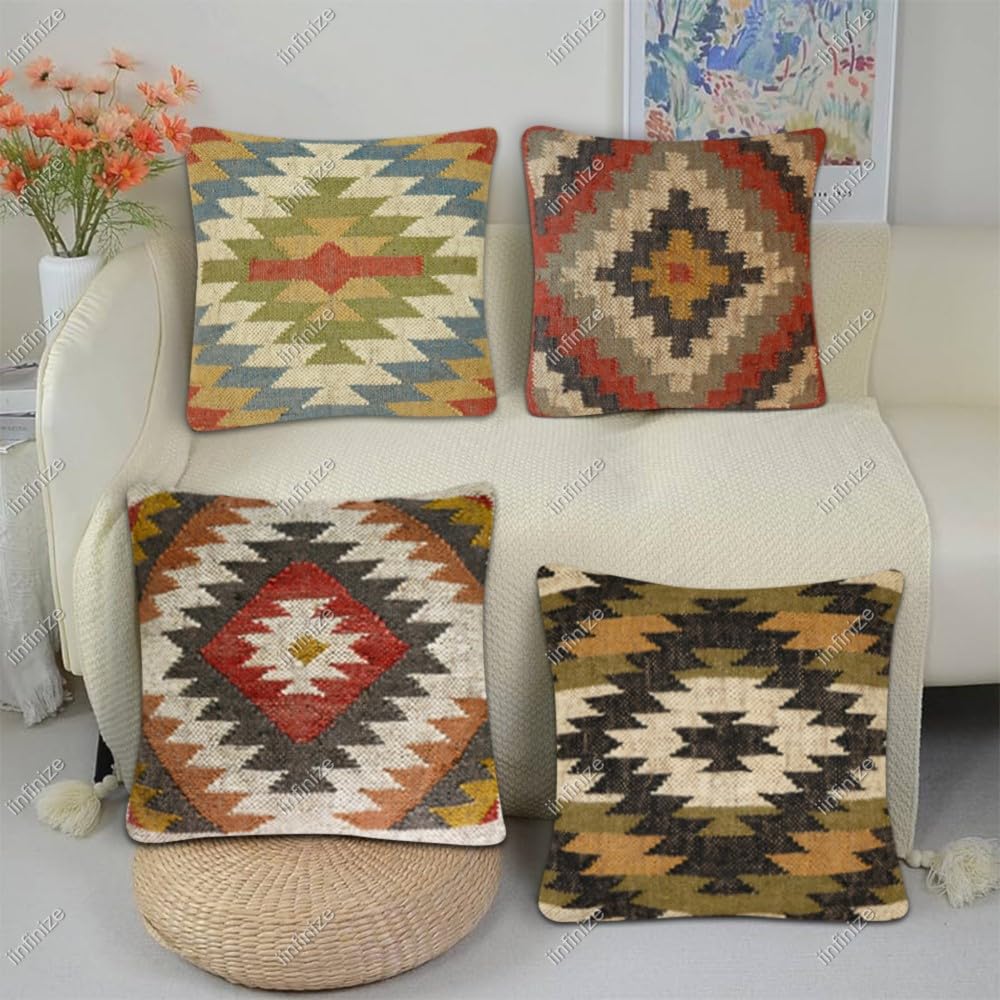 Housses de coussin en laine de jute et coton style ethnique turc 45x45 cm - Lot de 4