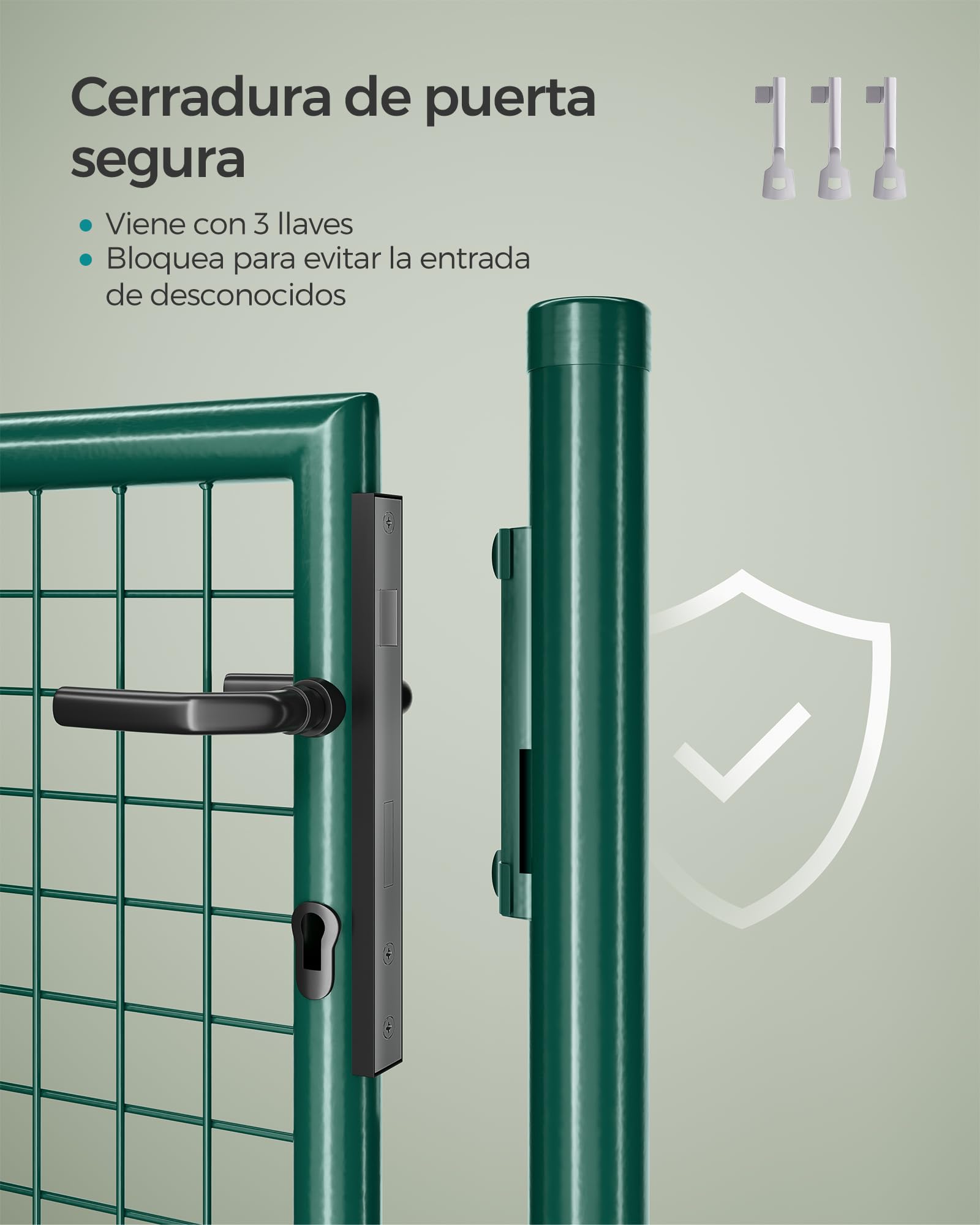SONGMICS Puerta de Jardín de Acero Galvanizado, Puerta para Valla, con Cerradura, Manija y Llave, 106 x 150 cm (Largo x Alto), Verde GGD200G