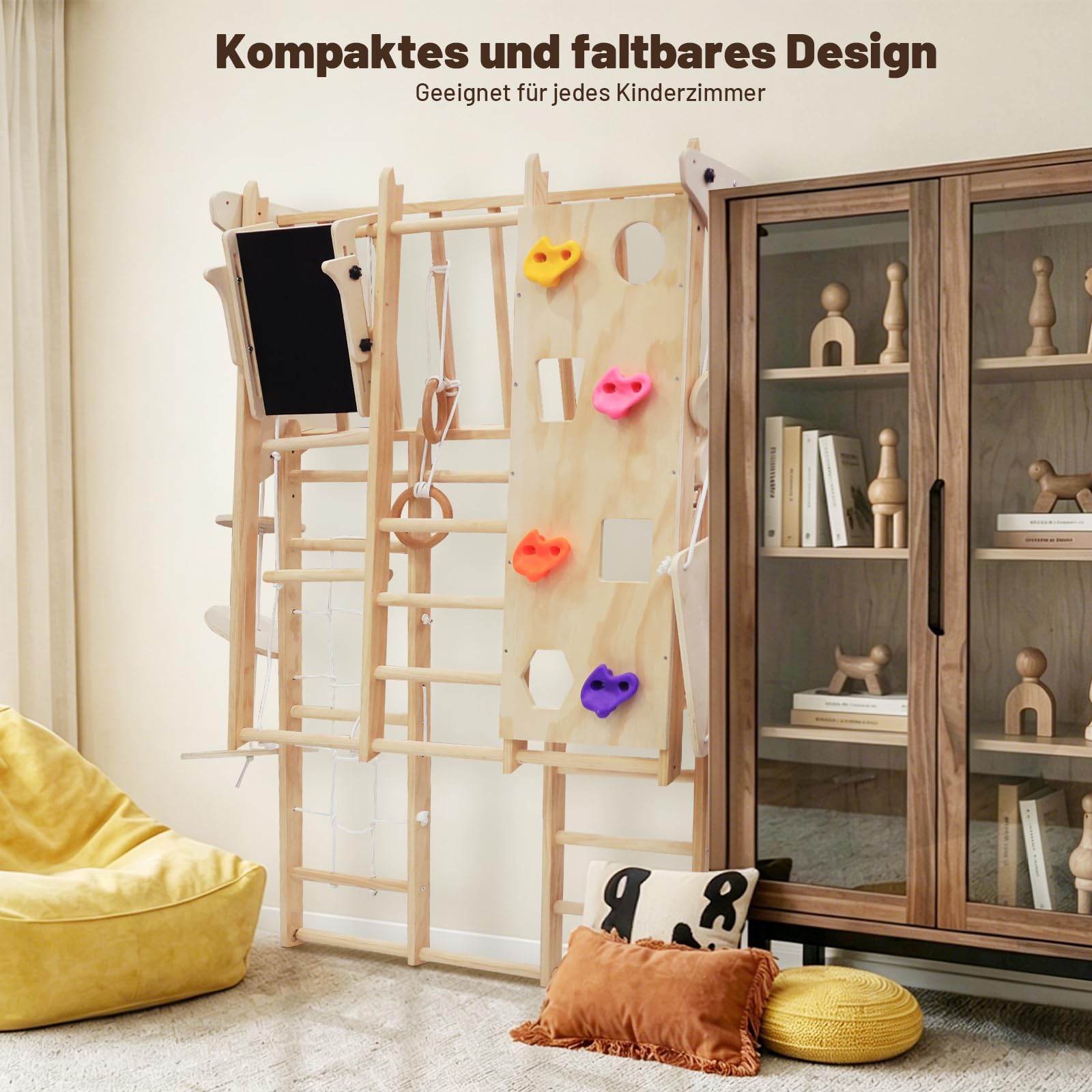 Maxi Klettergerüst Indoor, 12 in 1 Multifunktional Klettergerüst Klappbar aus Massivem Holz, Indoor Spielplatz mit Tafel, Schreibtisch, Schaukel, Rutsche, 2-in-1-Kletterwand, Kletterdreieck