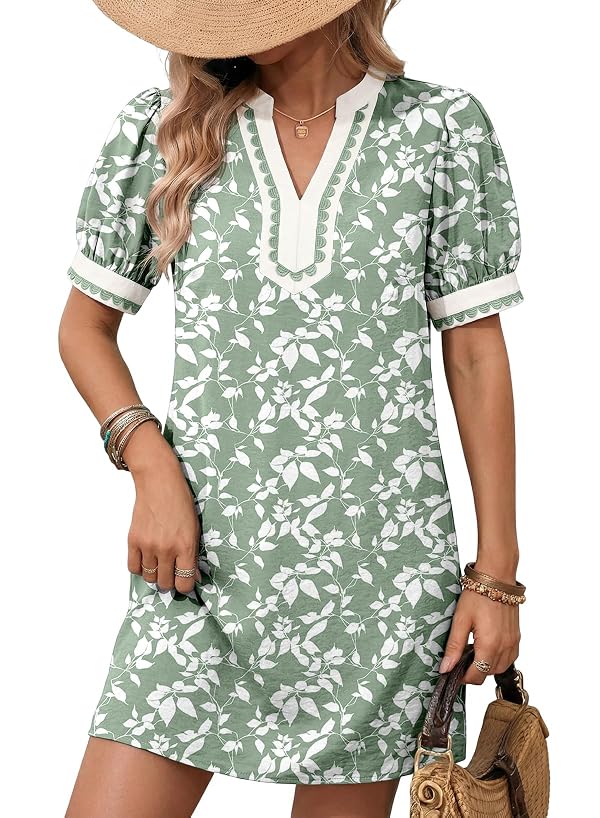 Dokotoo Womens Summer Dresses Beach Casual Boho Dresses for Women 2026 Floral Print Trimmed V Neck Short Sleeve Vintage Swing Sundresses A Line Mini Sun Dress Fashion Clothing Lignt Green Medium by Dokotoo - Used condition - US$35.49