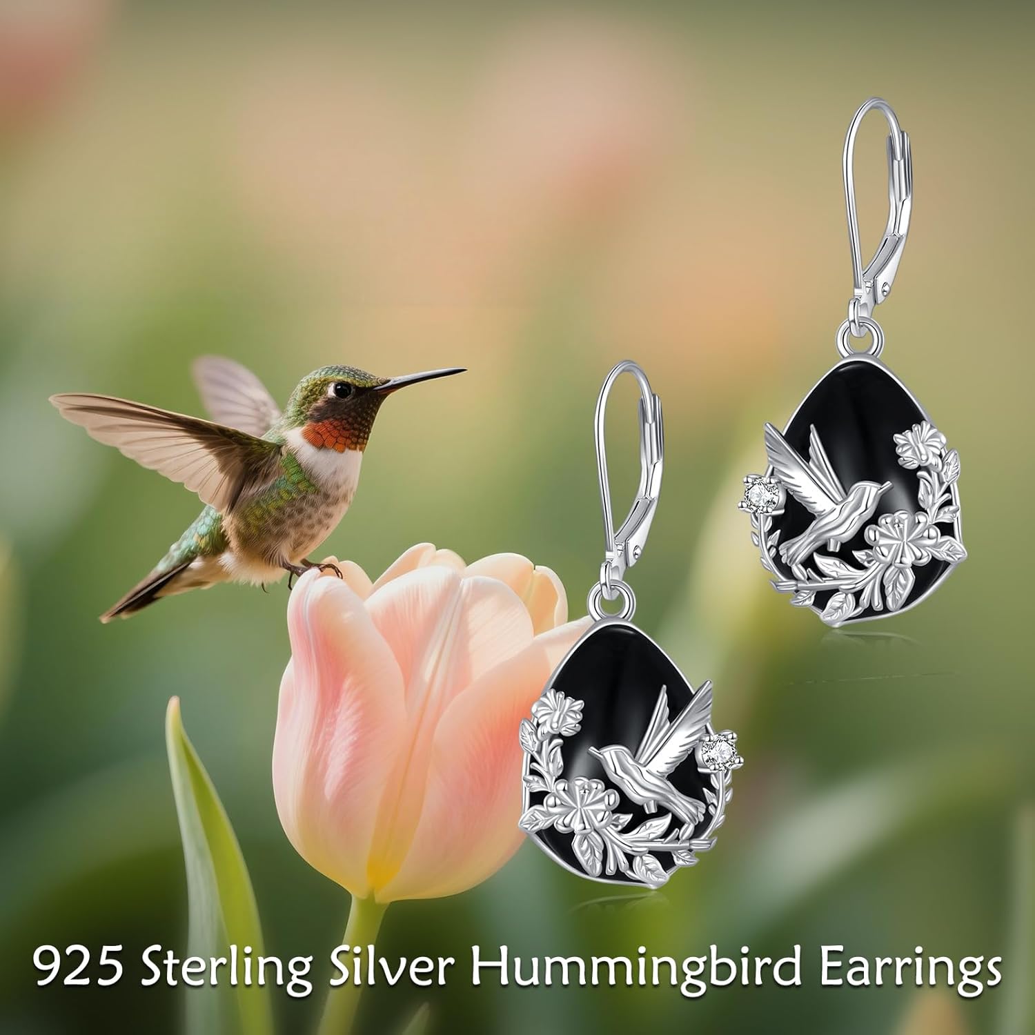 Lab Grown Diamond Hummingbird Dangle Earrings Sterling Silver Black Onyx Hummingbird Jewelry Gift for Women