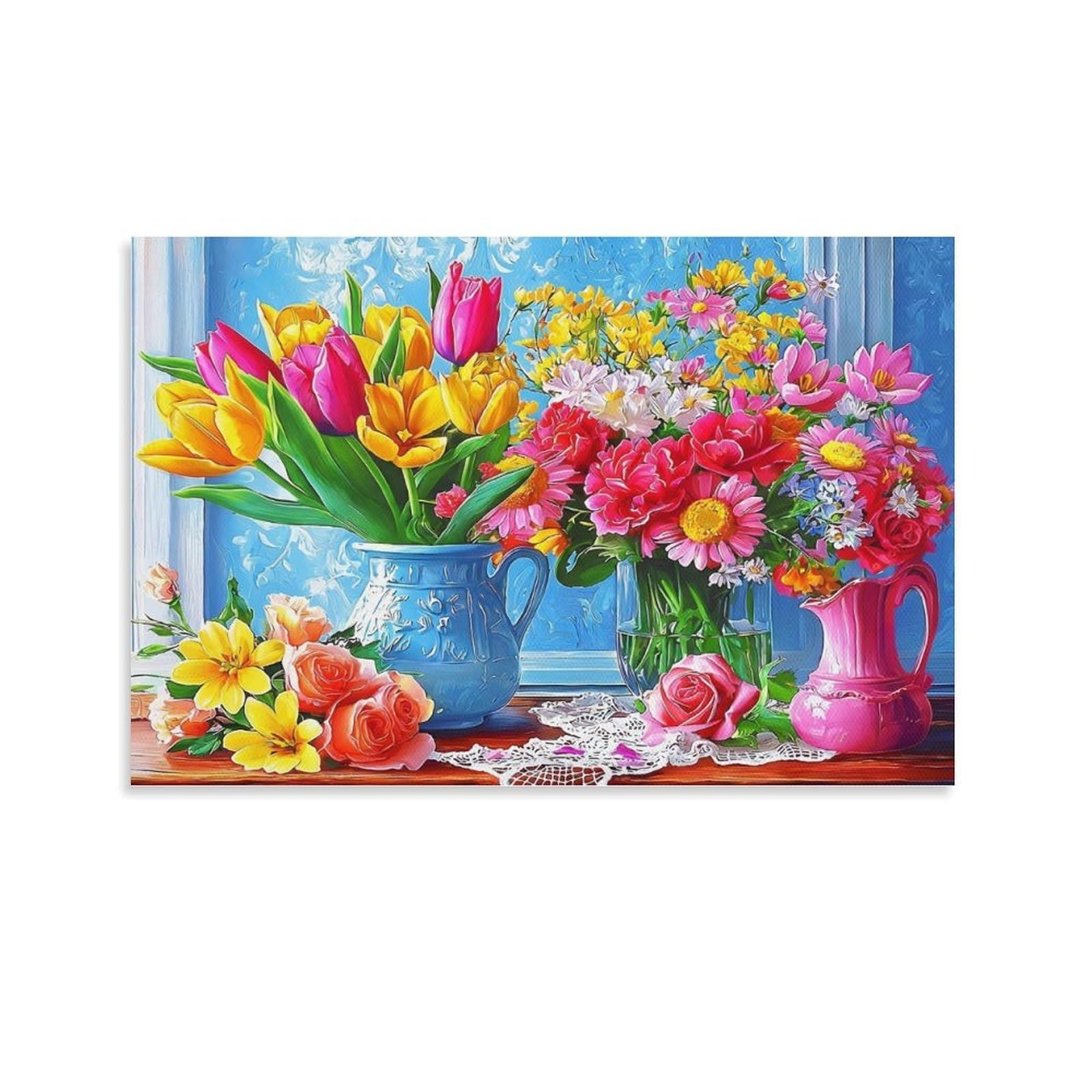CPLVKWRQJ Spring Flower Arrangement Individual Mixed Fresh Flowers Inside Two Ceramic Vases Framed Canvas Art - Living Room Focal Point Fade Resistant Gallery Wall Decor 20x30inch(50x75cm)