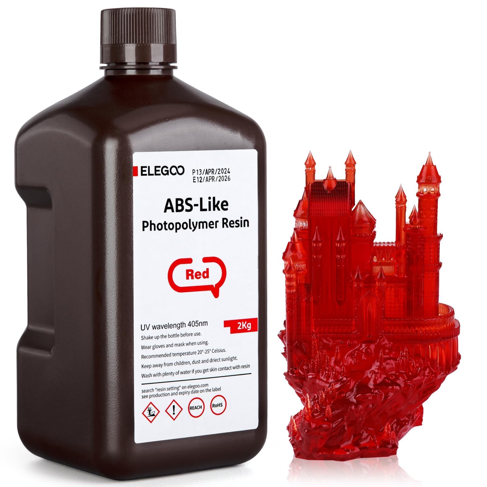 ELEGOO ABS-Like 3D Printer Resin LCD UV-Curing Resin 405nm Standard Photopolymer Resin for Mars Saturn Jupiter MSLA DLP LCD 3D Printing Clear Red 2000g