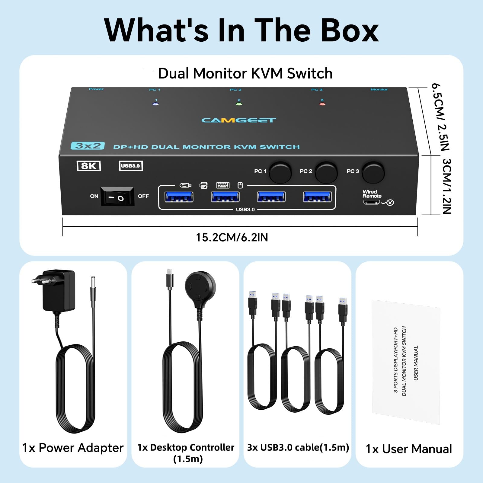 HDMI Displayport KVM Switch 3 PC 2 Monitore 4K@144Hz, mit 4 USB 3.0 Ports | Dual Monitor KVM Switch für 3 Computers teilen 2 Monitors und Tastatur,Maus,Drucker, HDMI DP KVM mit wird remote,12V Netzteil