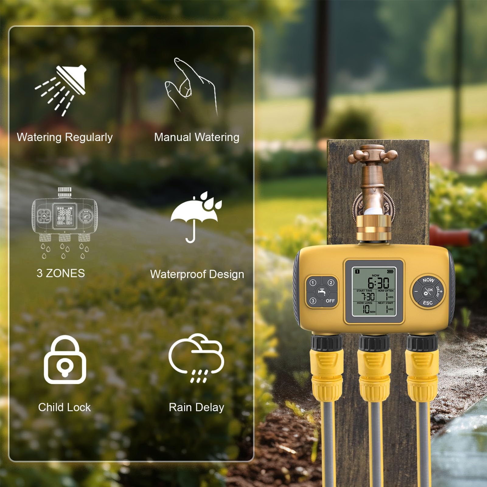 3 Outlet Programmable Hose Timer, Brass Inlet Rain Delay Watering Controller, for Yard Lawn, Real Time Start Countdown