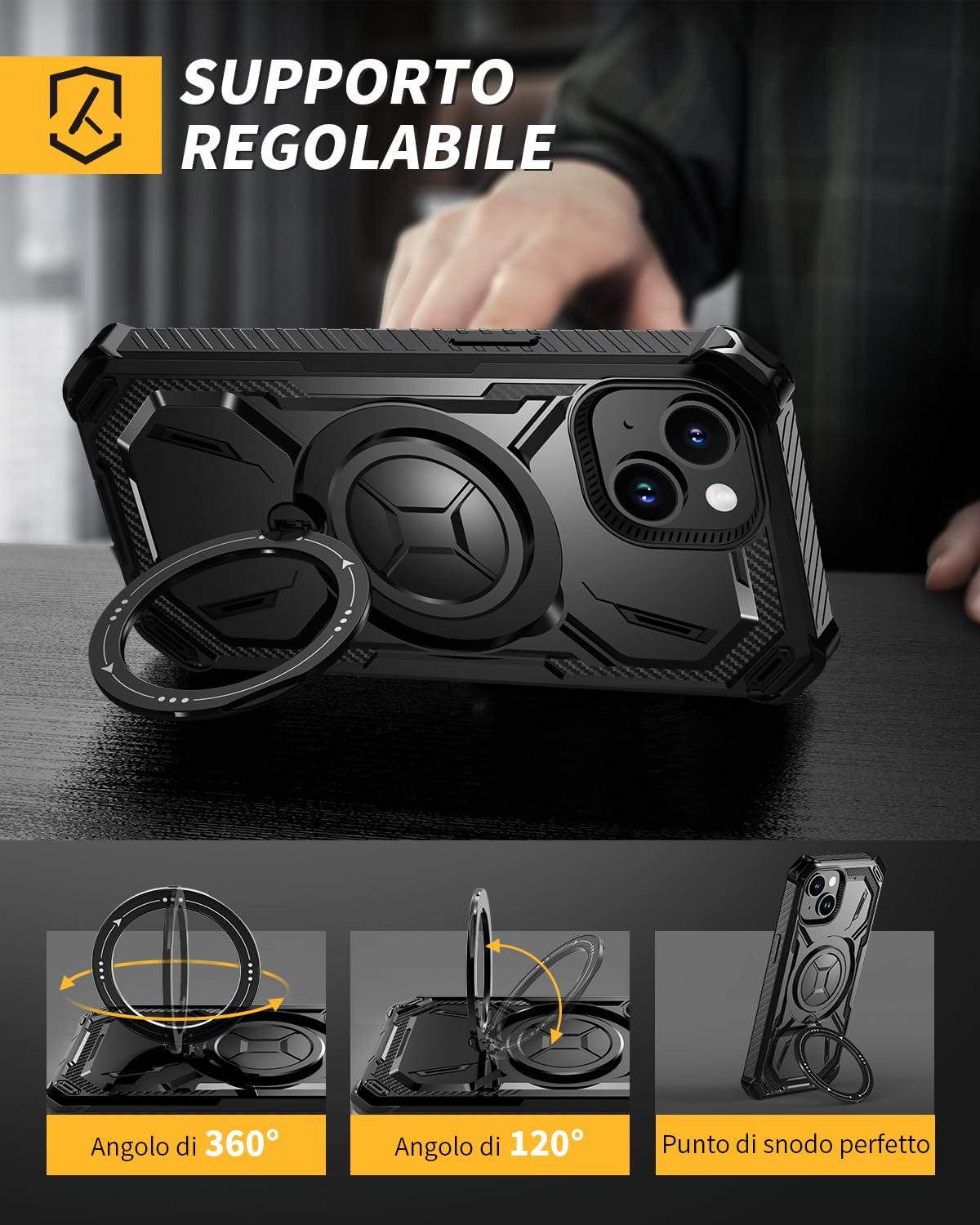 Lanhiem Cover per iPhone 15 con 2 Pezzi Vetro Temperato, Supporto Magnetico ad Anello a 360° Protezione 6FT Antiurto Anticaduta di Livello Militare Armor Protezione, Custodia per iPhone 15, Nero