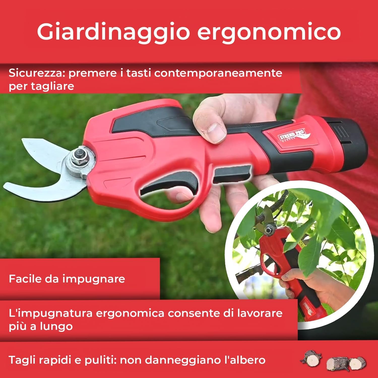 STREND PRO Forbici Potatura a Batteria Telescopiche, Cesoie per Alberi e Giardini, Max. 22 mm, Asta Telescopica 170 cm, 7.2V, Rosse