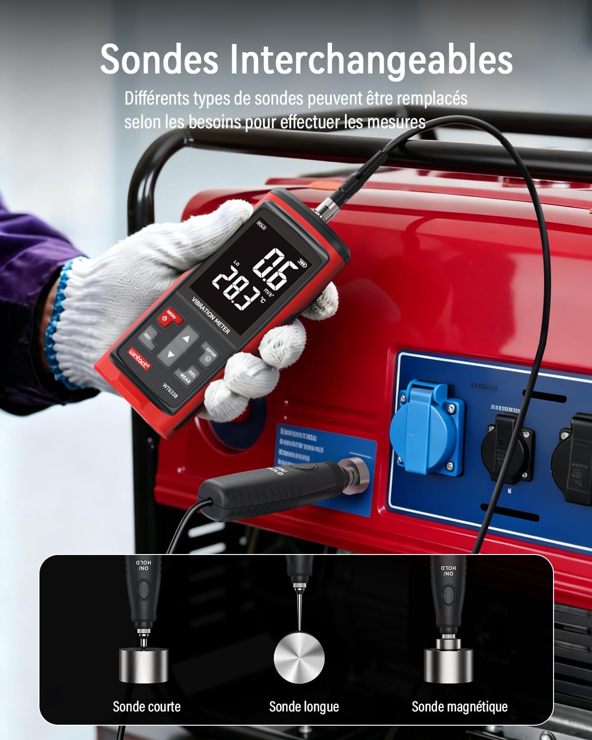 Vibromètre Wintact, analyse des mesures des vibrations mécaniques, accélération, vitesse, déplacement, température pour moteurs, générateurs, pompes, compresseurs (WT633B)