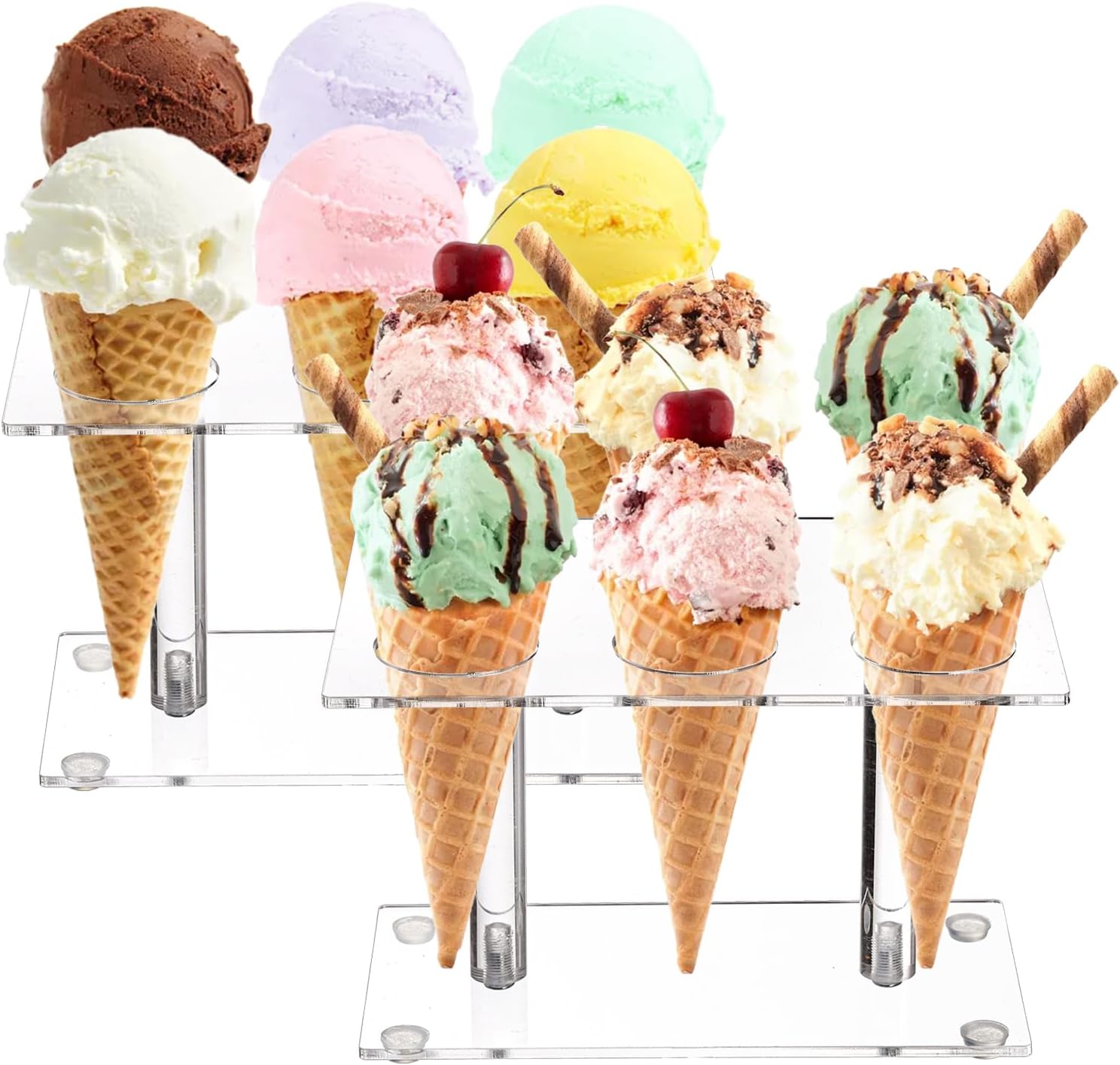 Youeon 2 Pack Acrylic Ice Cream Cone Holder with 6 Holes, Clear Waffle Cone Holder Stand, Sushi Hand Roll Stand for Party, Wedding, Bakery, Treat Table, Candy Buffet, Easy to Assemble