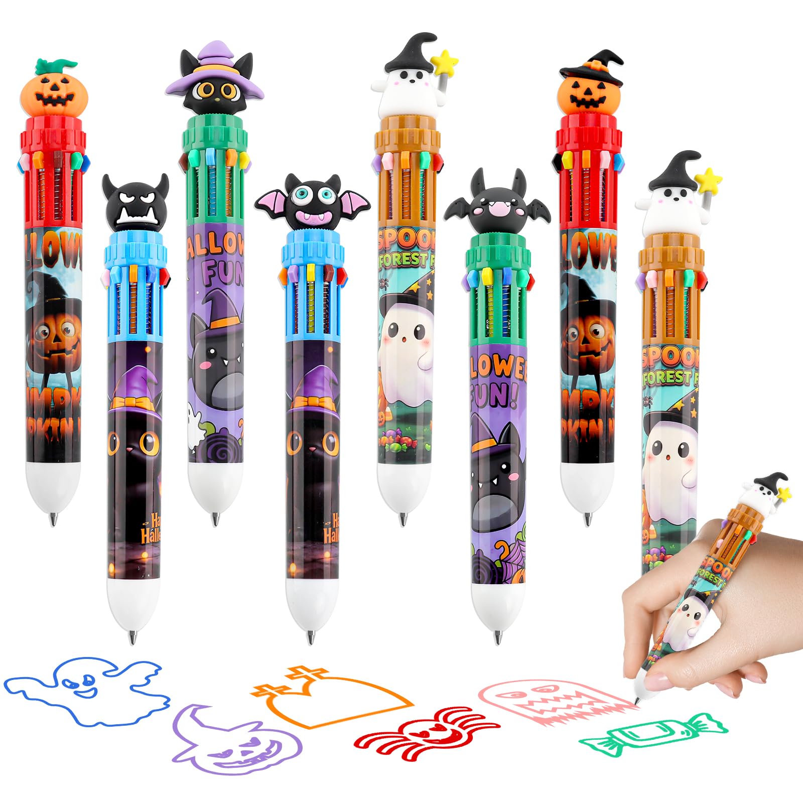 wokdsbl 8pcs Halloween Pens Party Bag Fillers Multicoloured Pens All in One
