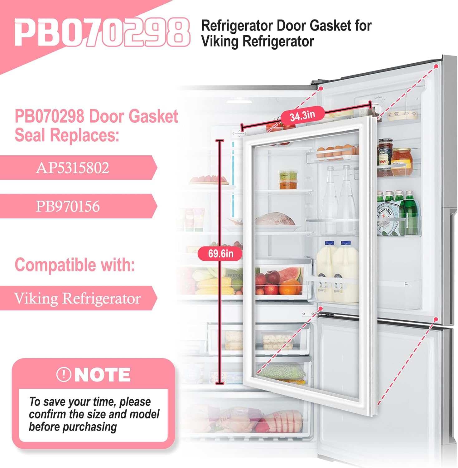 LXun Upgraded 69.6"X34.3" PB070298 Refrigerator Door Gasket Replacement for Viking 48" Side-by-Side Refrigerator Fresh Food Door Gasket Replaces Part PB970156 Viking Refrigerator Door Gasket -White