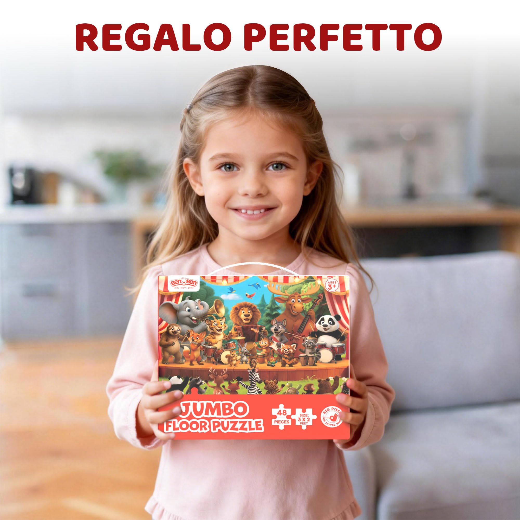BenBen Grande puzzle da pavimento a partire dai 3 4 anni, puzzle XXL per bambini, 48 pezzi, 90 x 60 cm, regalo per ragazzi e ragazze, concerti di animali