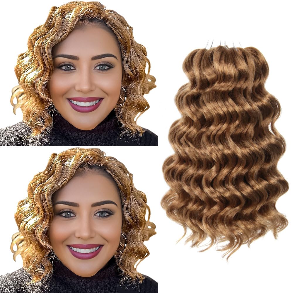 Niseyo NU Short Ocean Wave Crochet Hair 9 Inch 8 Packs Deep Wave Crochet Hair Synthetic Wavy Crochet Braids (27# Honey Blonde)