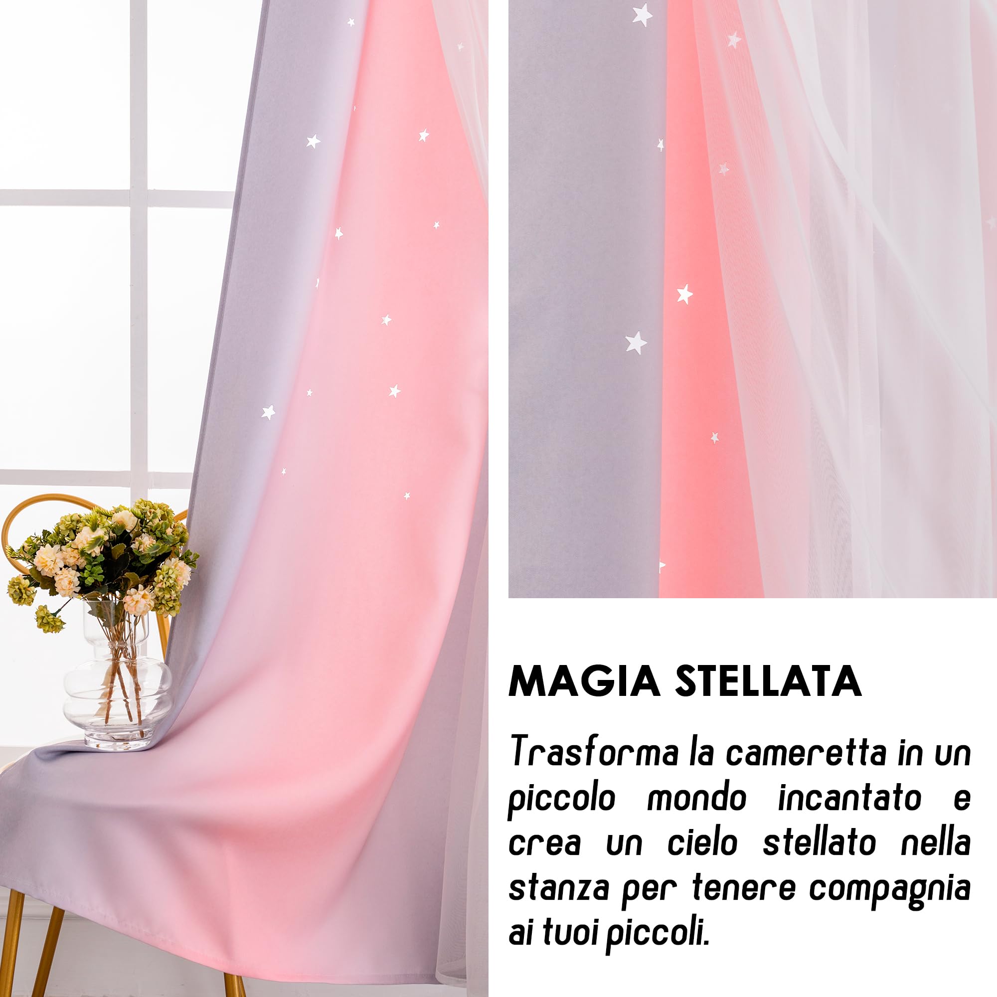 Par de cortinas dobles opacas suaves con estampado de estrellas vacías para dormitorio y habitación infantil, 2 paneles con ojales (140 x 285 cm, rosa y morado)