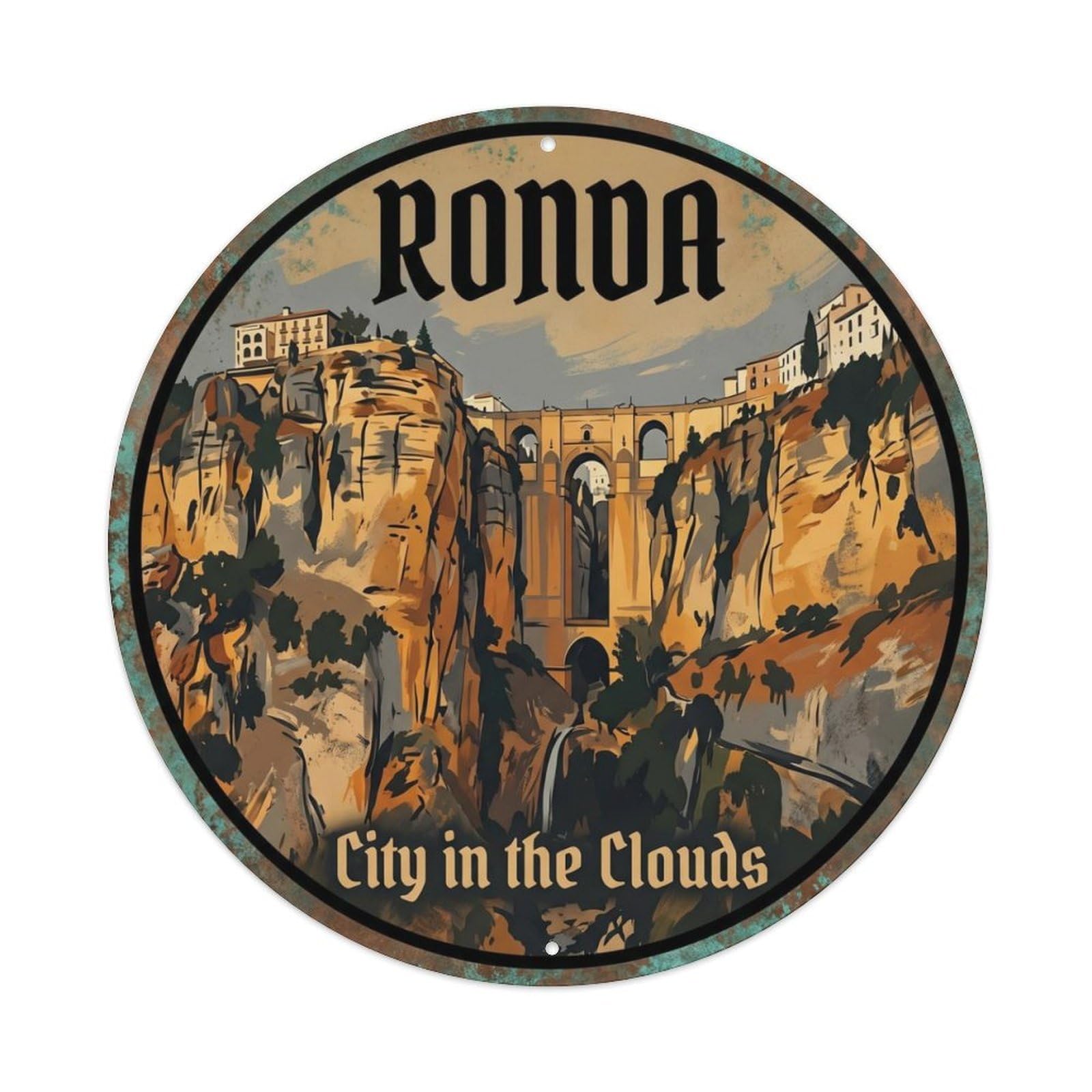 Fqcyn Style Vintage Travel Ronda Bridge Gorge Metal Tin Sign Plaque Wall Decor For Cafe, Club Bar, Office, Home Garden Round Metal Poster 8X8inch