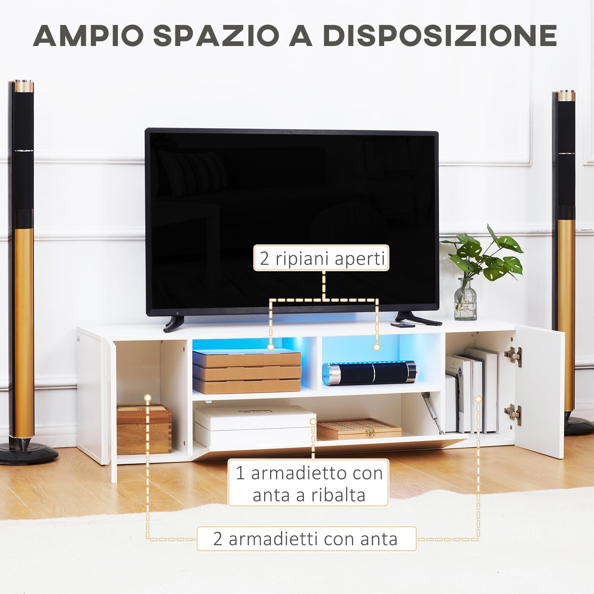HOMCOM Mobile TV 60" max in Truciolato, Mobiletto TV con 3 Ripiani, 2 Armadietti e Luci LED, 137x35x42 cm, Bianco Lucido