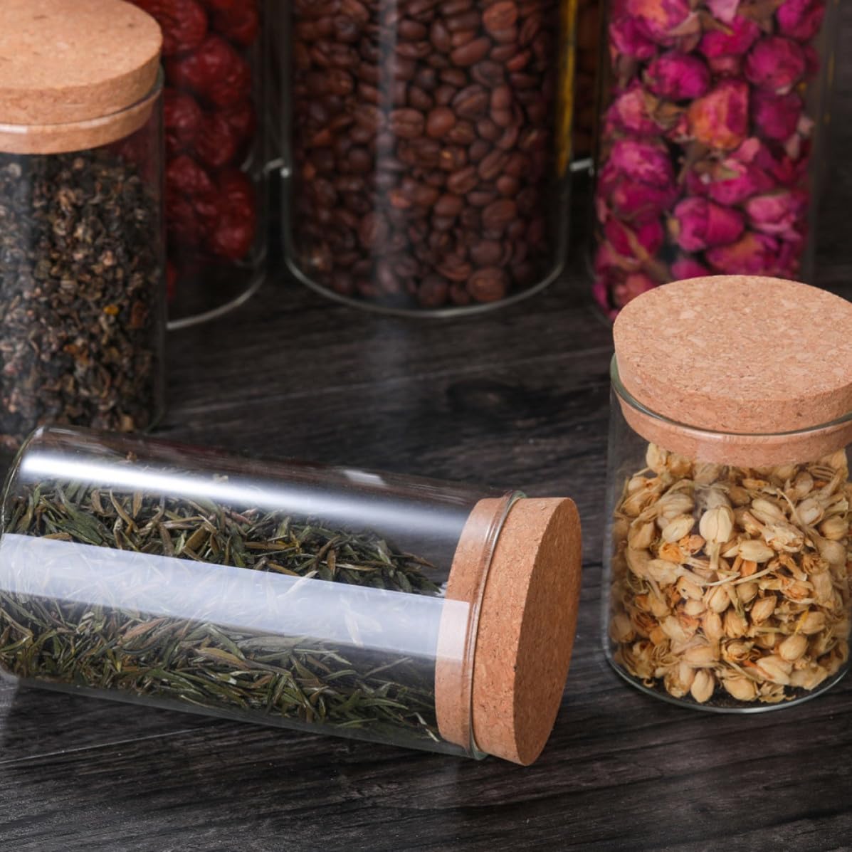 GALPADA 4pezzi Contenitori Alimentari in Vetro Trasparente con Tappo in Sughero Barattoli Ermetici per Cucina Conservazione Caffè Tè Frutta Secca Capacità Mista Sigillatura Spessa