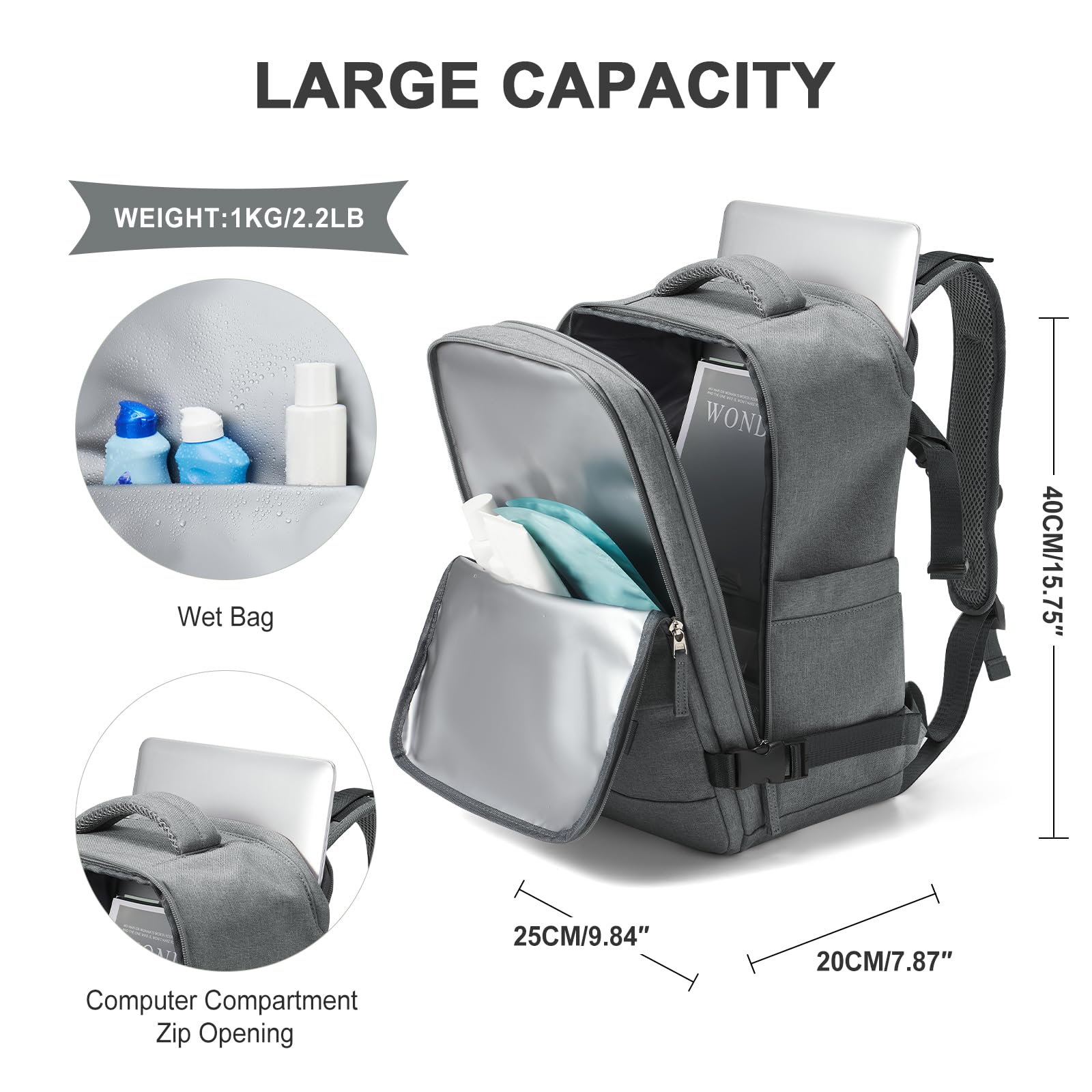 SZLX Zaino Ryanair 40x20x25 Donna Zaino da Viaggio Bagaglio a Mano 20L Uomo Borse da cabina 45x36x20 Easyjet Travel Backpack Adatto a laptop da 14 Pollici con scomparto per scarpe per Lavoro e Scuola