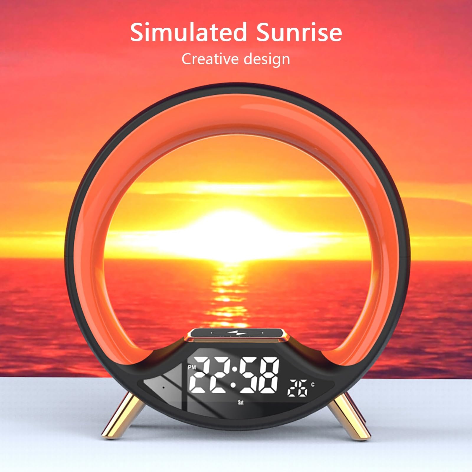 Sveglia Simulazione Alba con Ricarica Wireless 15W & Altoparlante Bluetooth, Luce Atmosferica RGB, Aiuto Al Sonno, Orologio Digitale per Camera Da Letto, Sala Gaming (3 Colori)(Black)